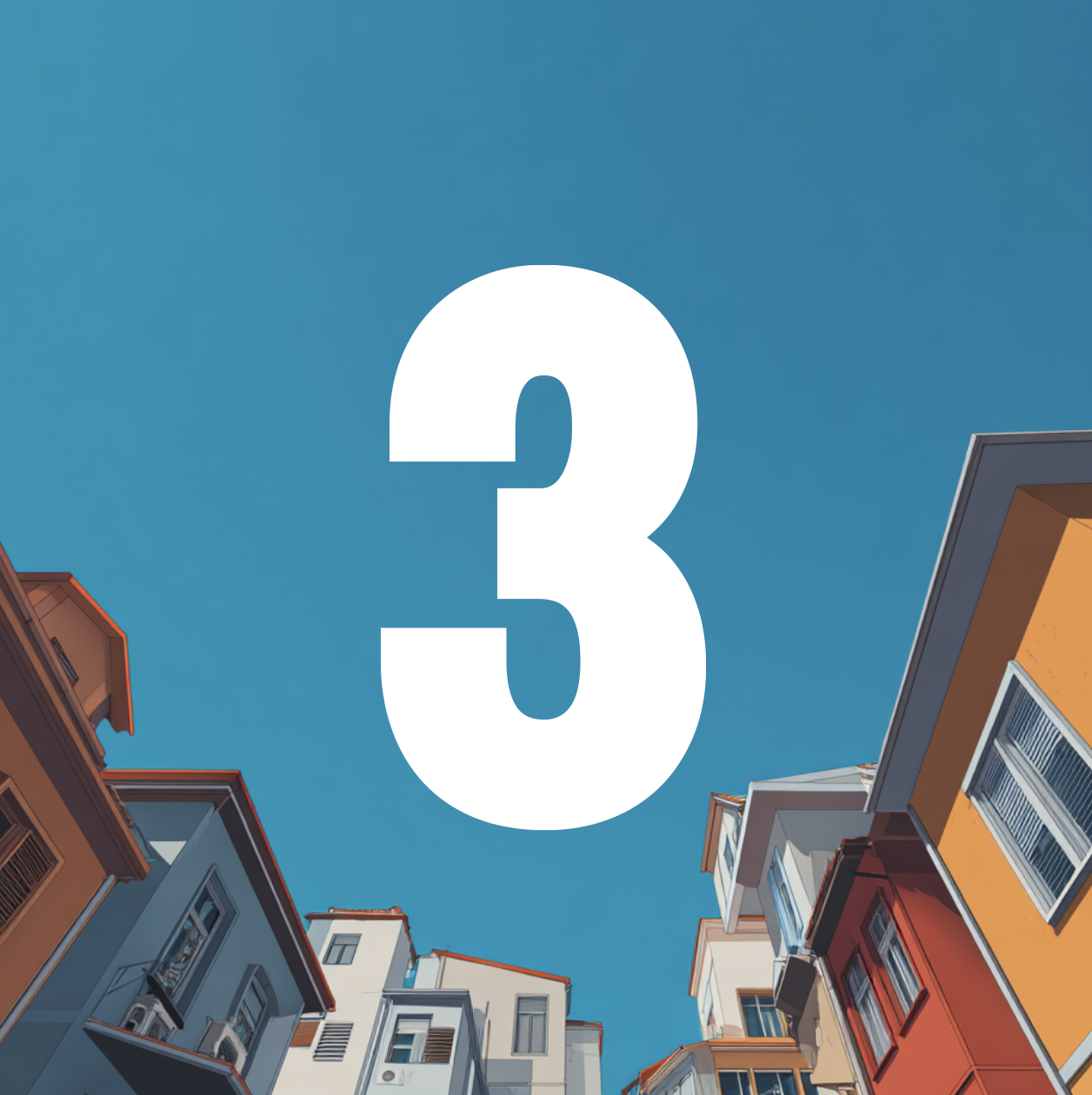Colorful buildings with a bright blue sky and a large white number 3 overlayed in the center.
