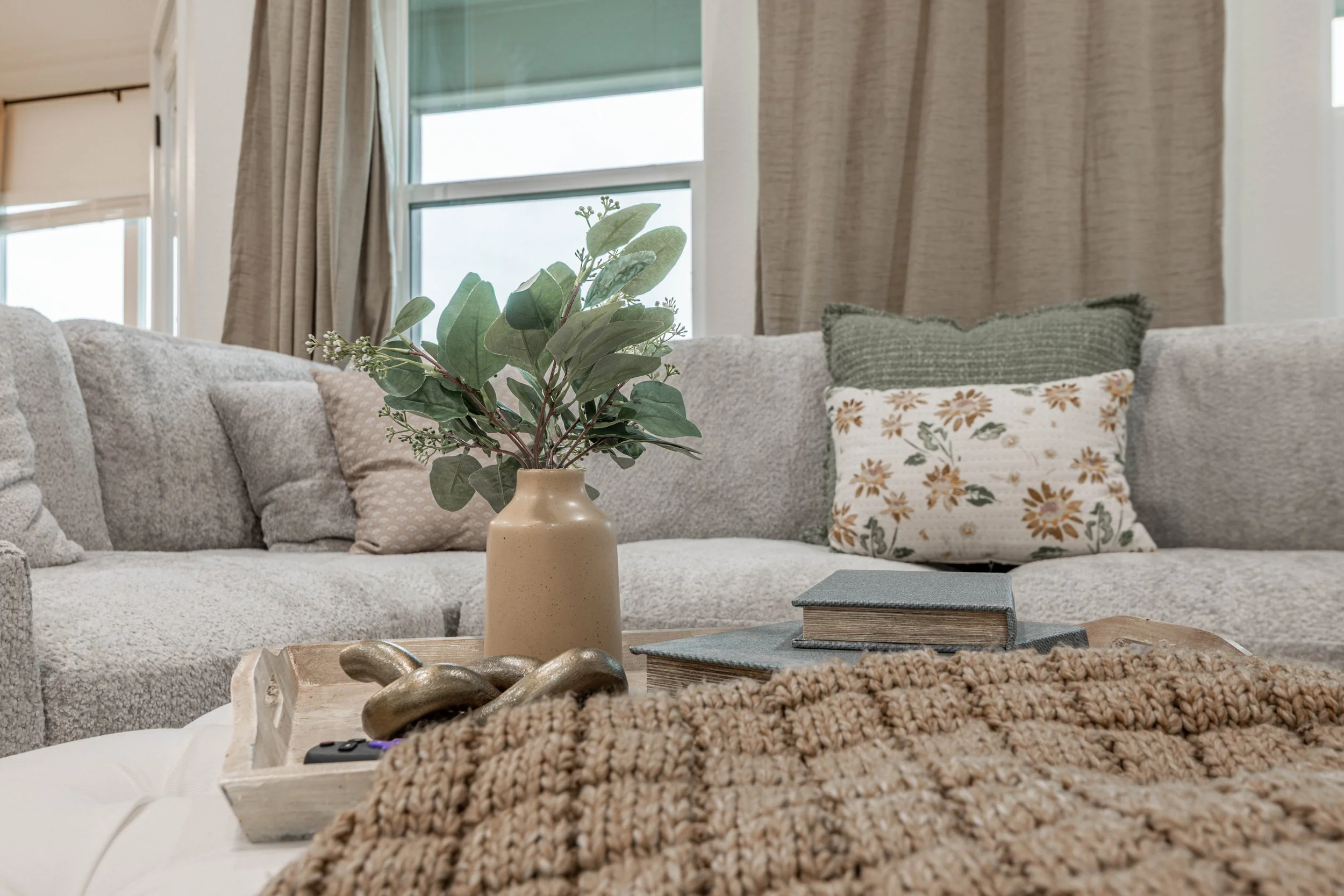 Living room with a beige sofa, decorative pillows, a vase with greenery on a coffee table, books, and window with curtains
