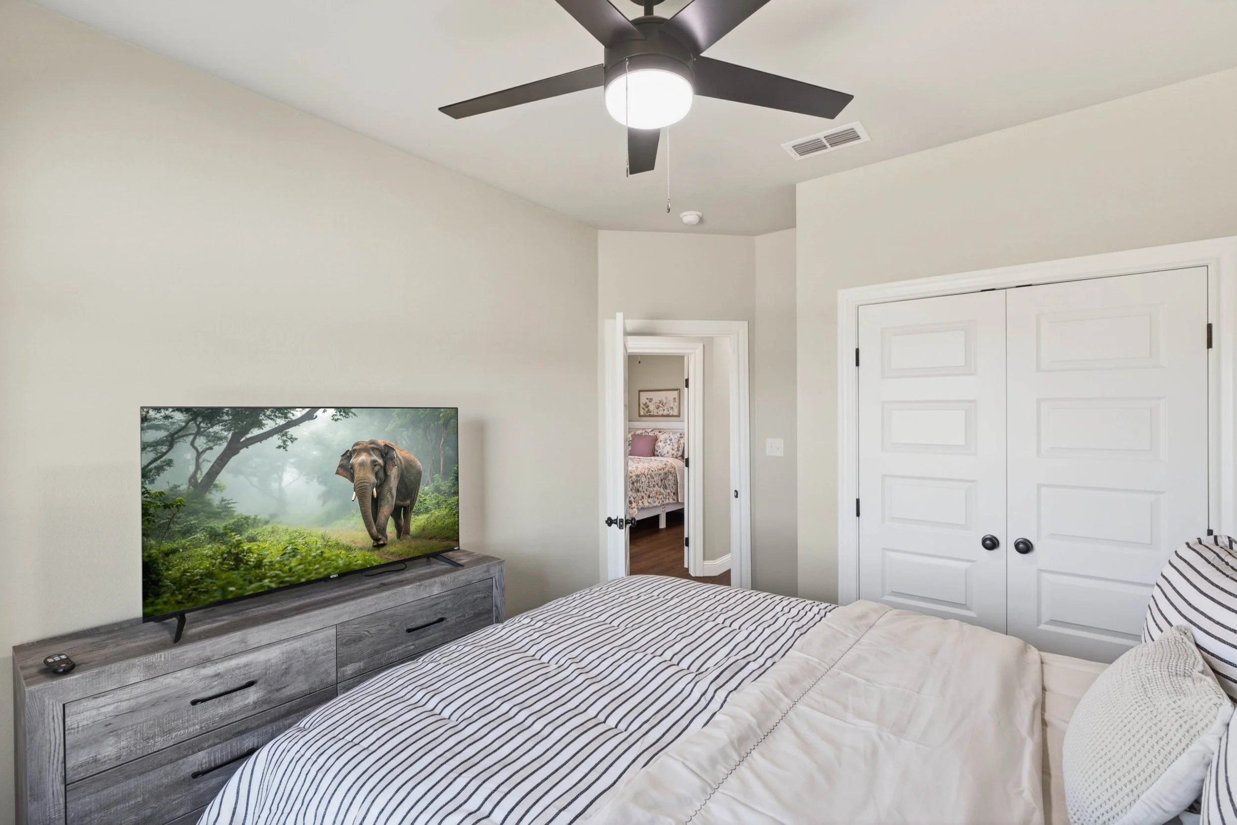 A bedroom with a large flat-screen TV showing an elephant in a forest, a gray wood dresser, a bed with striped bedding, a ceiling fan, and a white closet door.