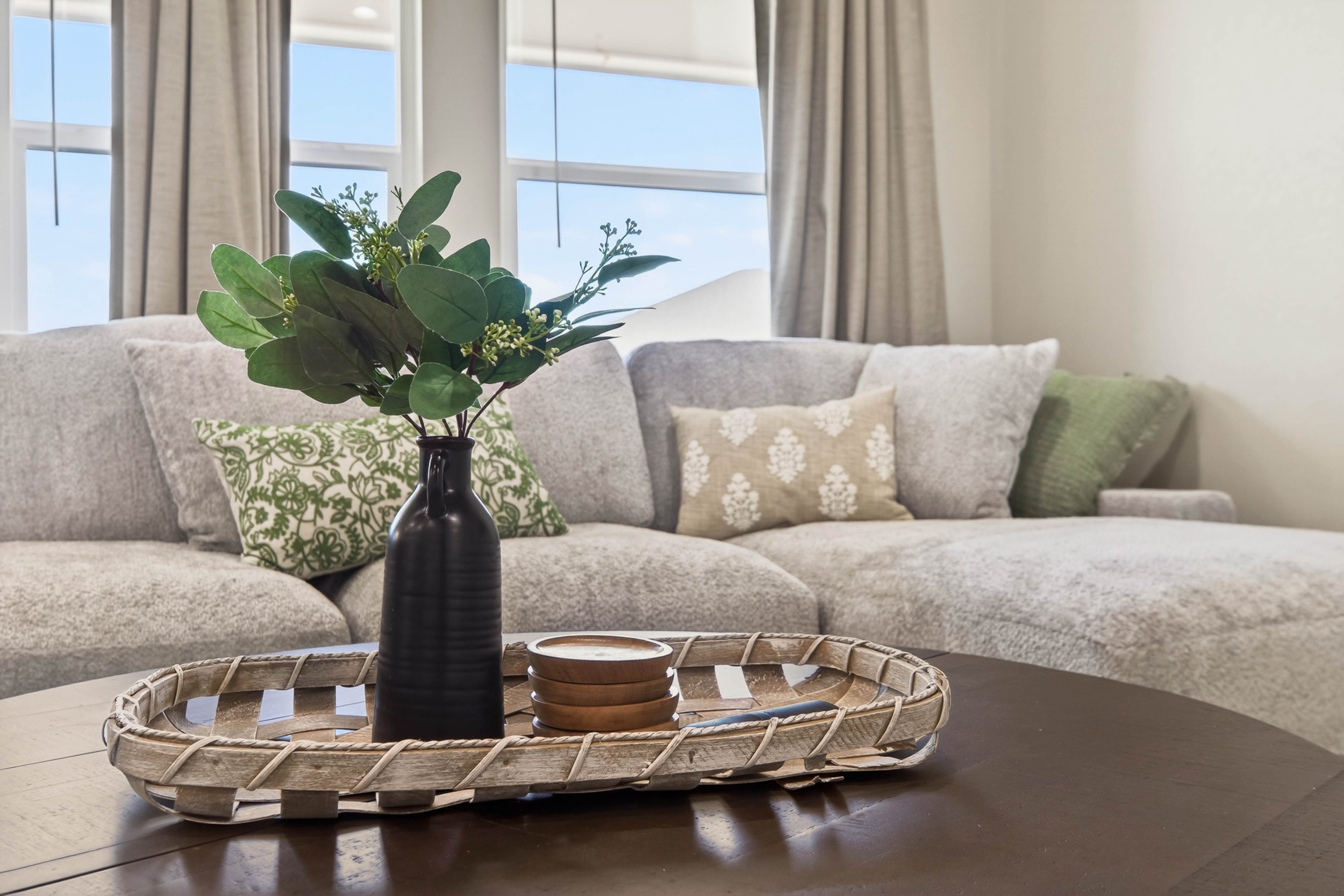 Living room with a beige sofa decorated with pillows in white and green patterns, a wooden coffee table, and a tray with a black vase containing green leaves and small buds, with large windows and curtains in the background.