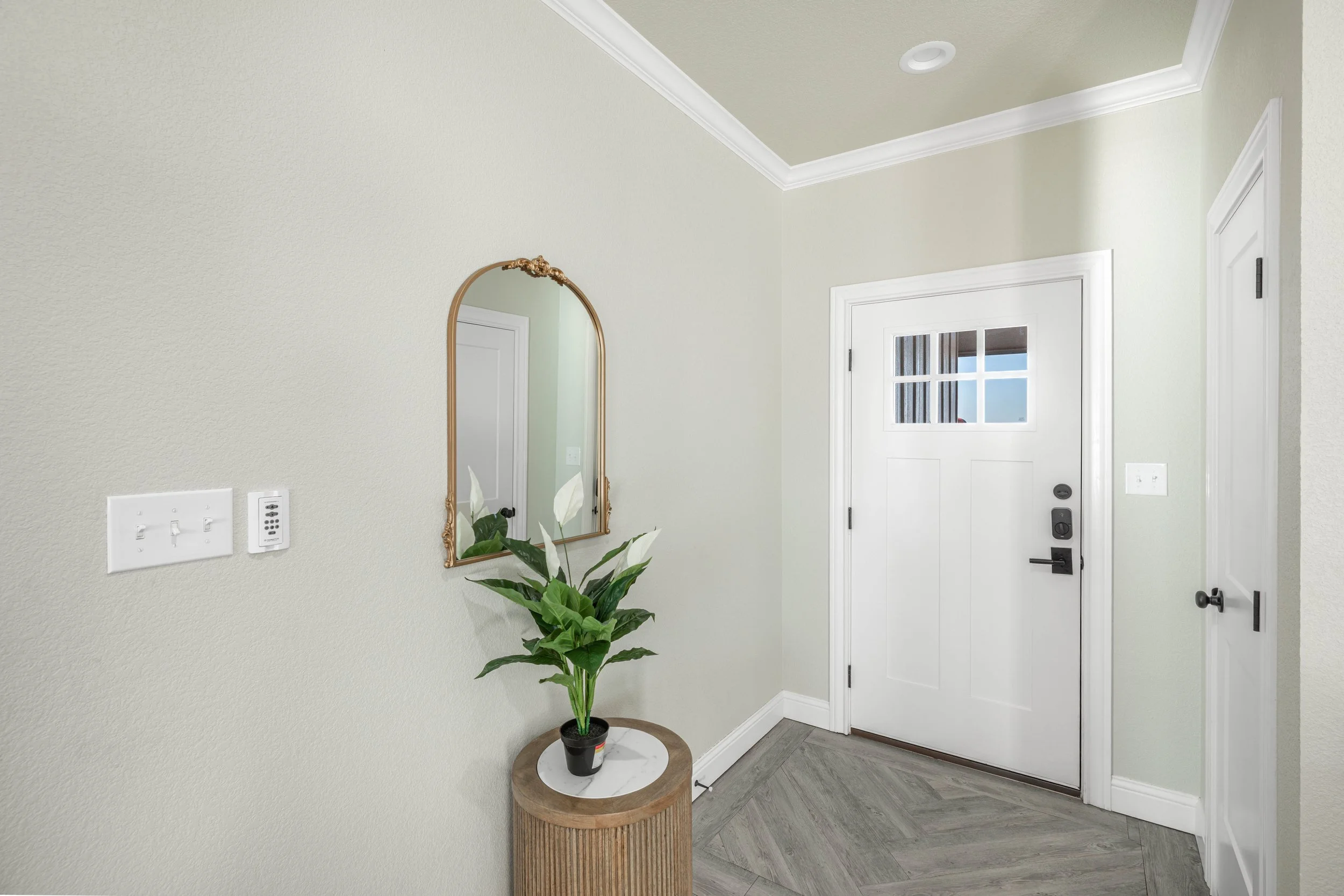 Entryway with white door, decorative crown molding, wall switch, mirror, potted plant on small round table, and gray wood-look flooring.
