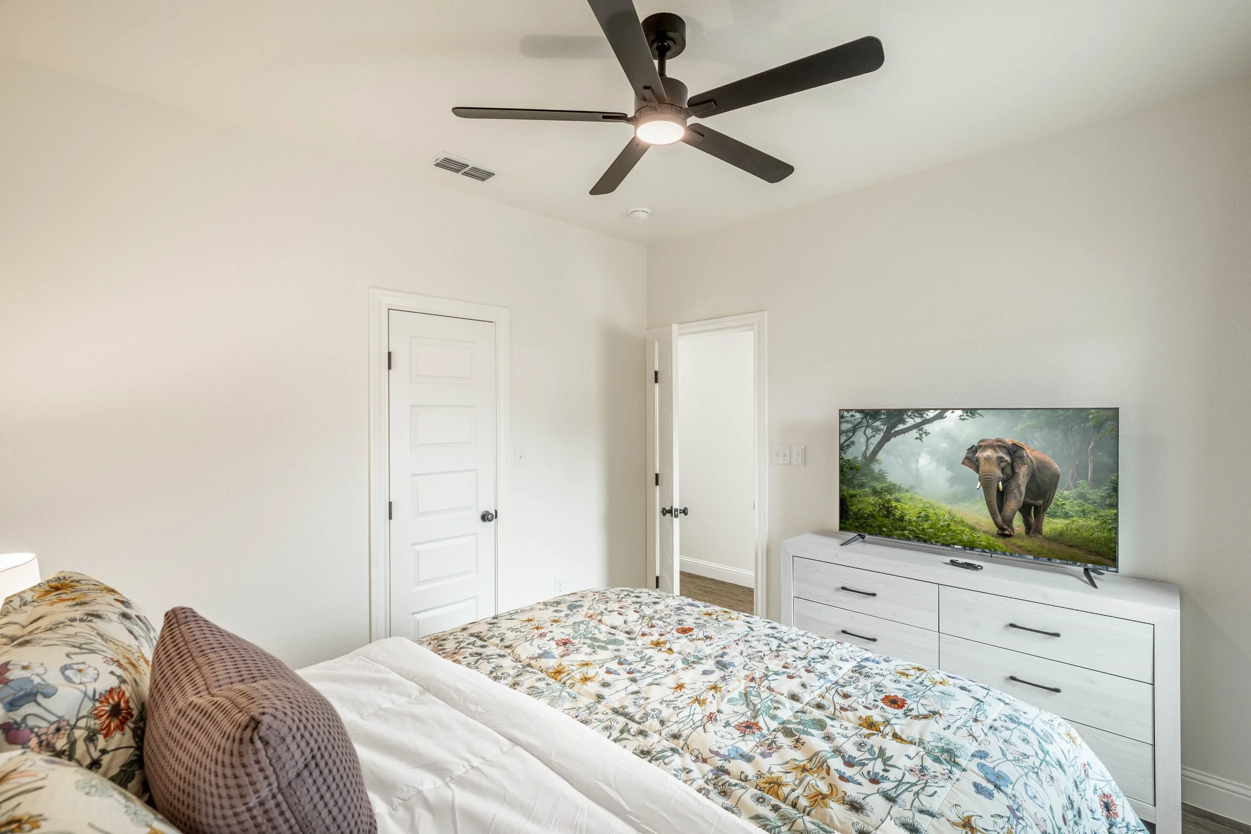 A bedroom with a ceiling fan, a closed white door, and a dresser with a television displaying an image of an elephant in a forest.