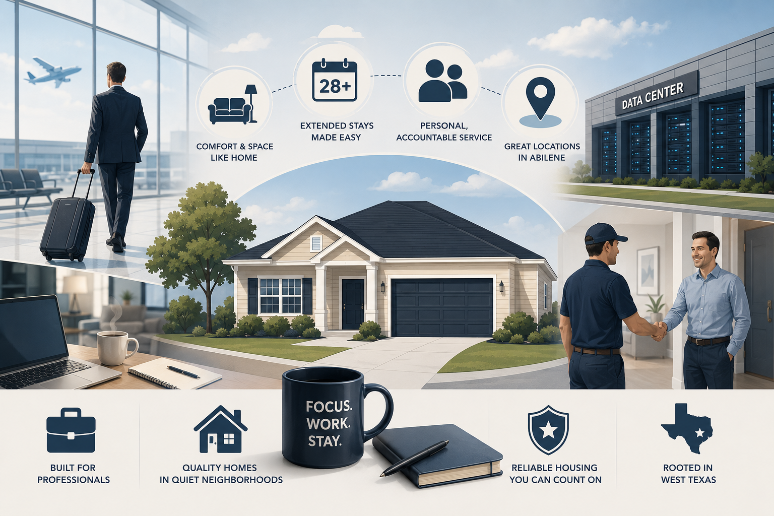 Illustration of a house with highlighted features for professionals, including comfort, extended stays, personal service, and great locations in Abilene. The image also shows a person walking with luggage at an airport, a handshake between two men at a house, a data center, and a workspace with a laptop, coffee, notebook, and pen. Bullet points emphasize quality homes, reliable housing in West Texas, and roots in West Texas.