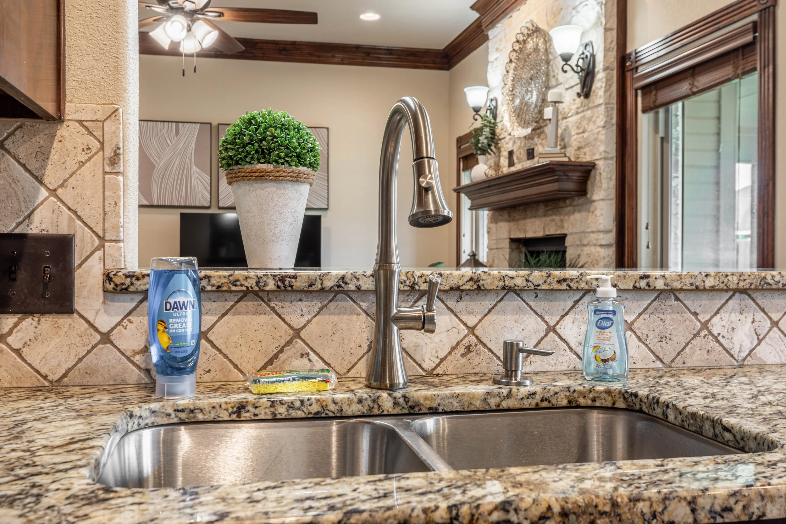 A kitchen sink with a granite countertop, two bottles of Dawn dish soap, a sponge, and a paper towel. In the background, there is a window, a stone fireplace with ornaments and books, a decorative wall with two framed pictures, a plant, and a ceiling