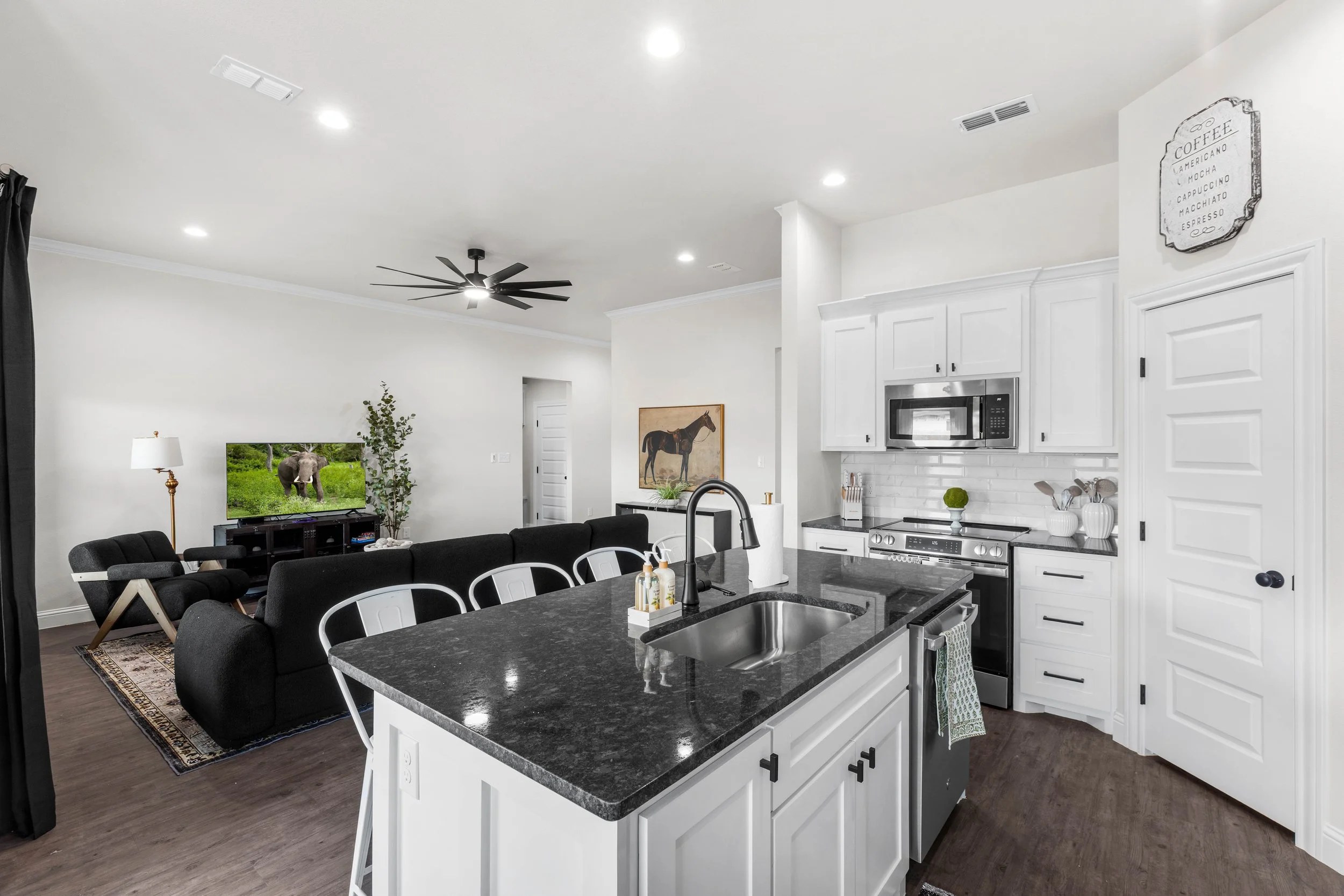 Modern kitchen and living room with white cabinets, black countertops, stainless steel appliances, black ceiling fan, and a television with a picture of an elephant.