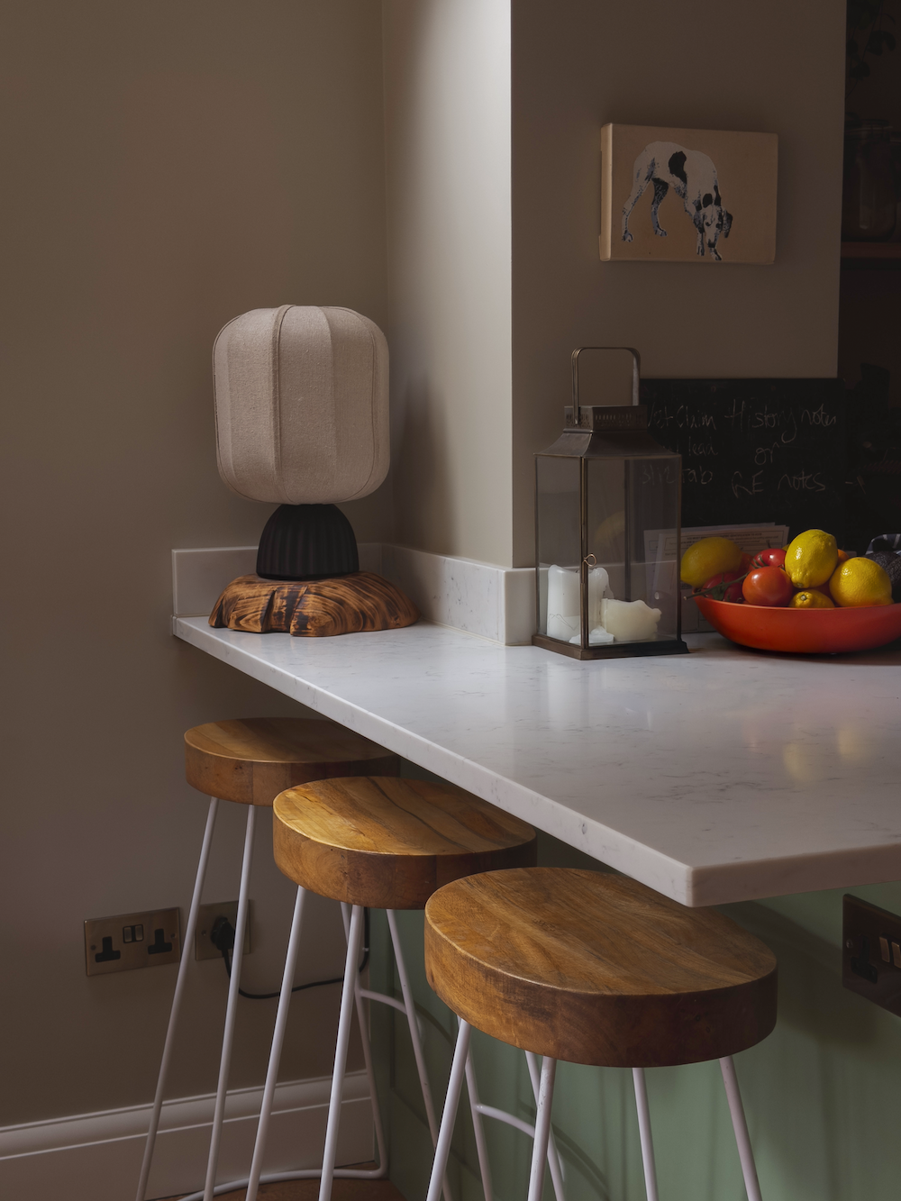 A kitchen counter with a modern table lamp, a lantern, a bowl of lemons and tomatoes, and a small framed dog painting on the wall.