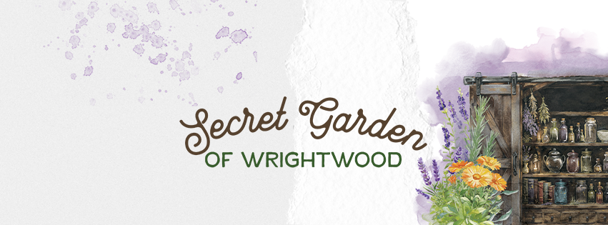 Illustration promoting the Secret Garden of Wrightwood with a purple floral arrangement and a rustic wooden cabinet filled with jars and bottles.