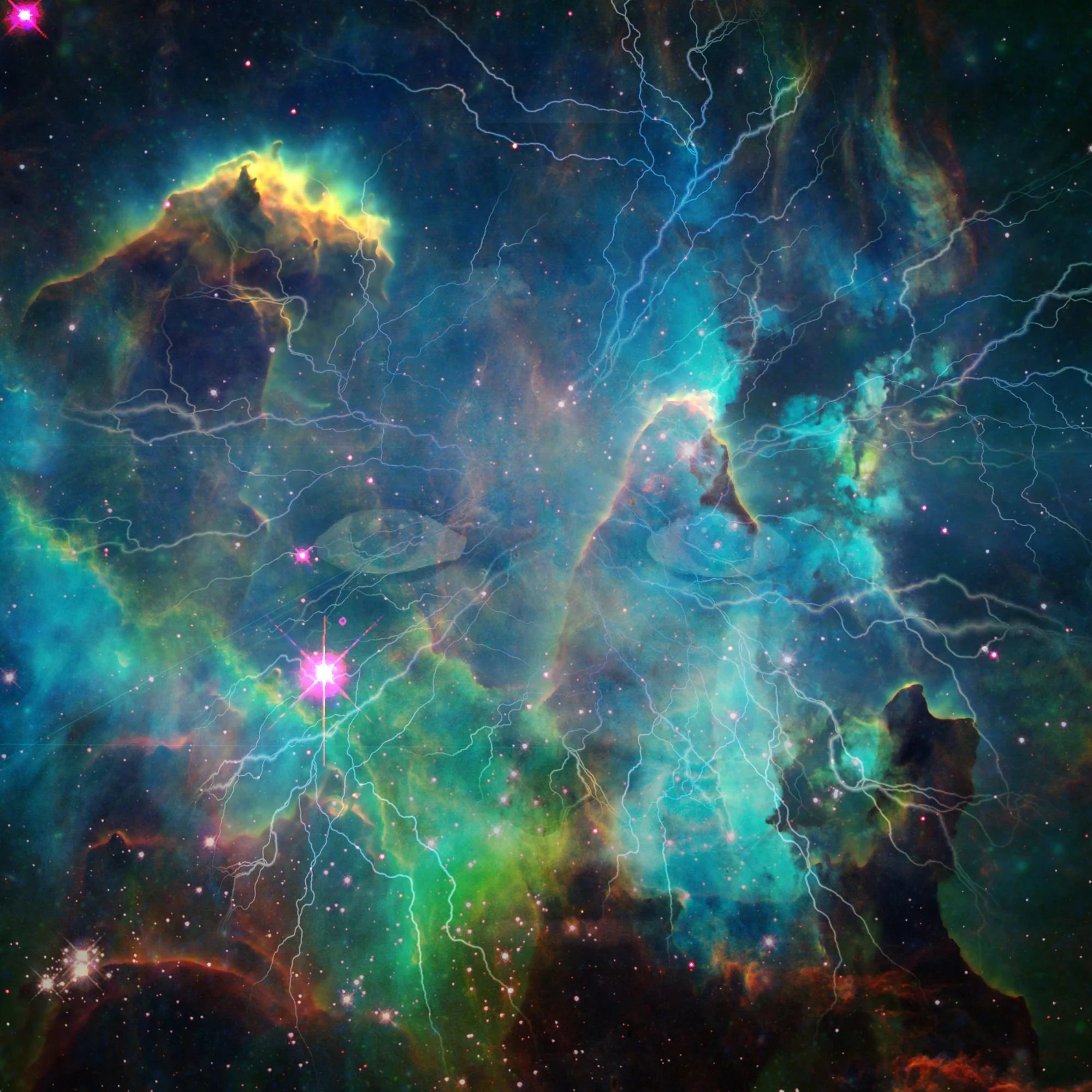 A colorful depiction of outer space featuring nebulae, stars, and lightning-like energy streaks in vibrant shades of green, blue, yellow, and pink.
