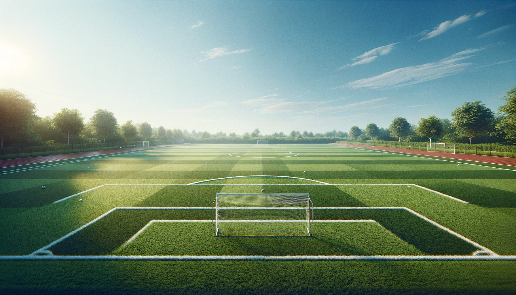 Empty soccer field with goal post, surrounded by a track and trees, under a blue sky with some clouds.