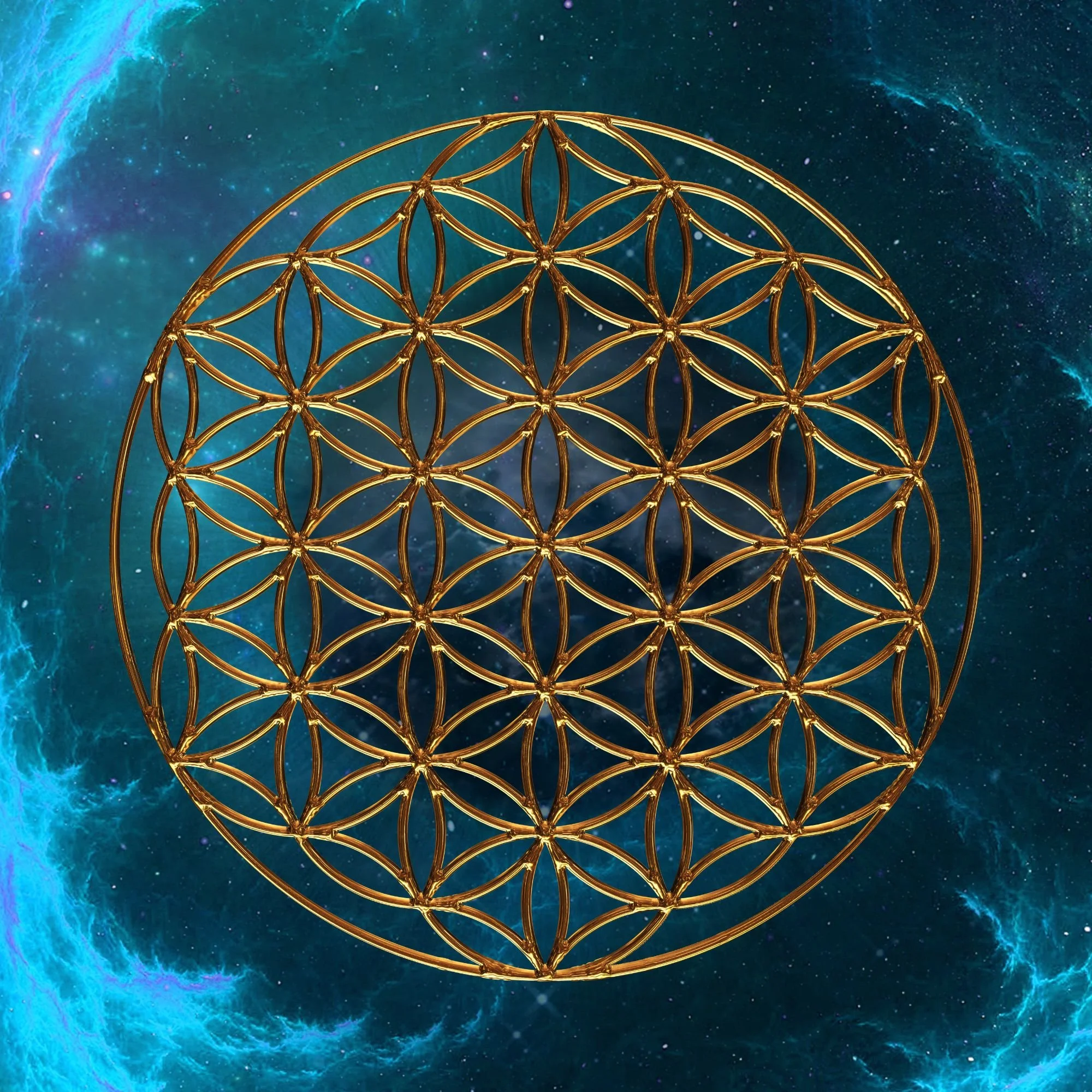 Flower of Life, a sacred geometric symbol against a blue cosmic background.