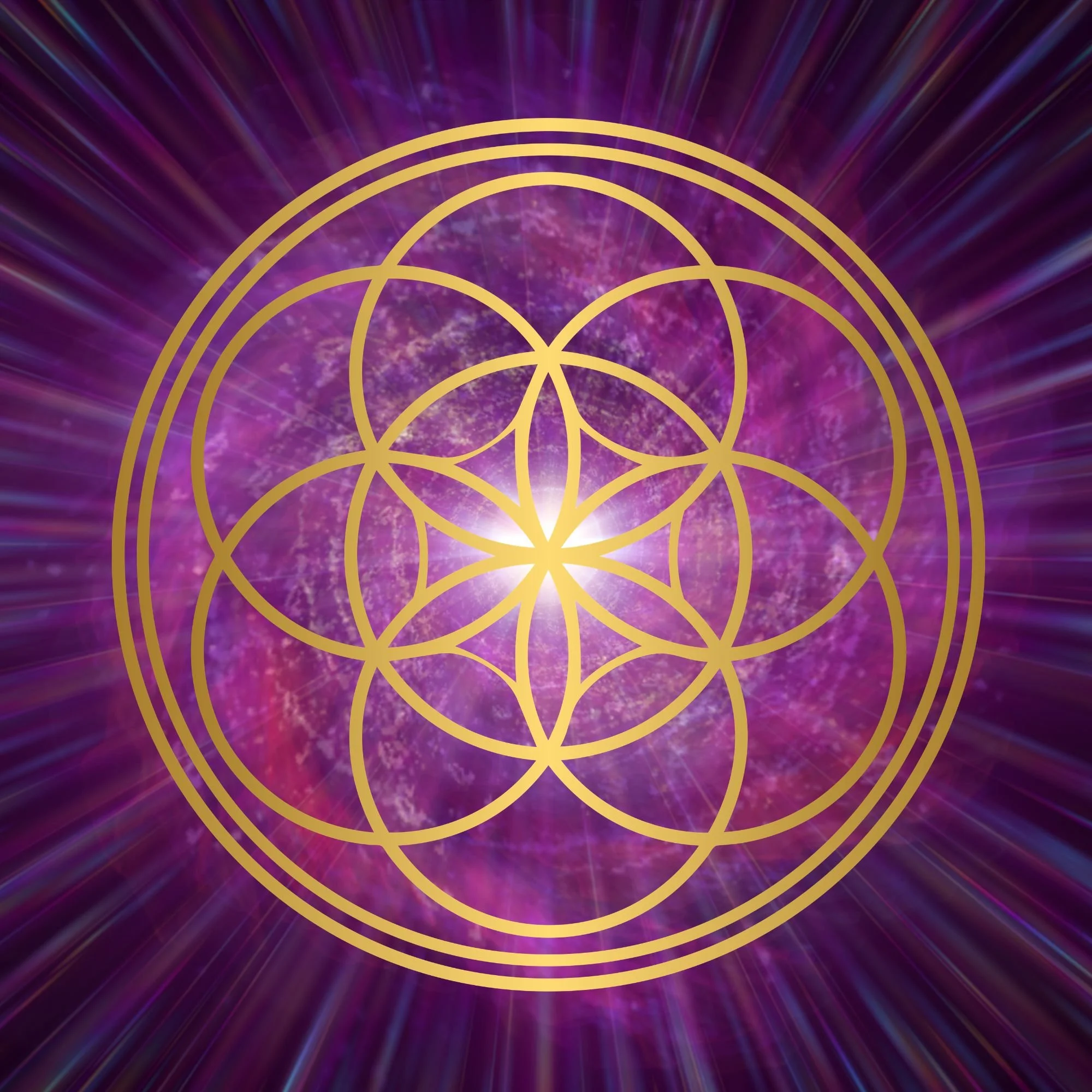 Seed of Life, a sacred geometric symbol over a cosmic purple background.