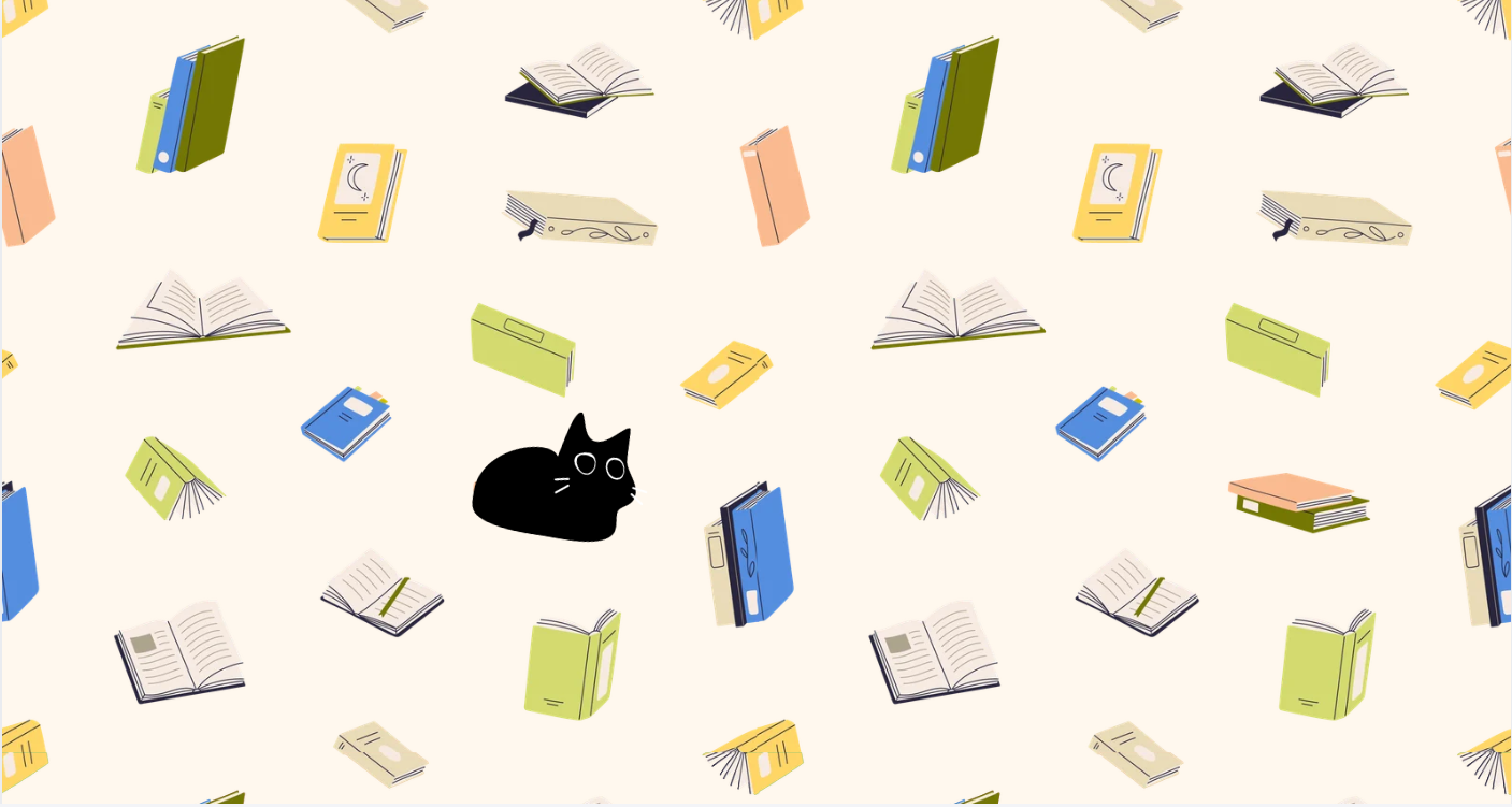 Pattern of various open and closed books and notebooks in different colors on a beige background, with a black cat illustration.