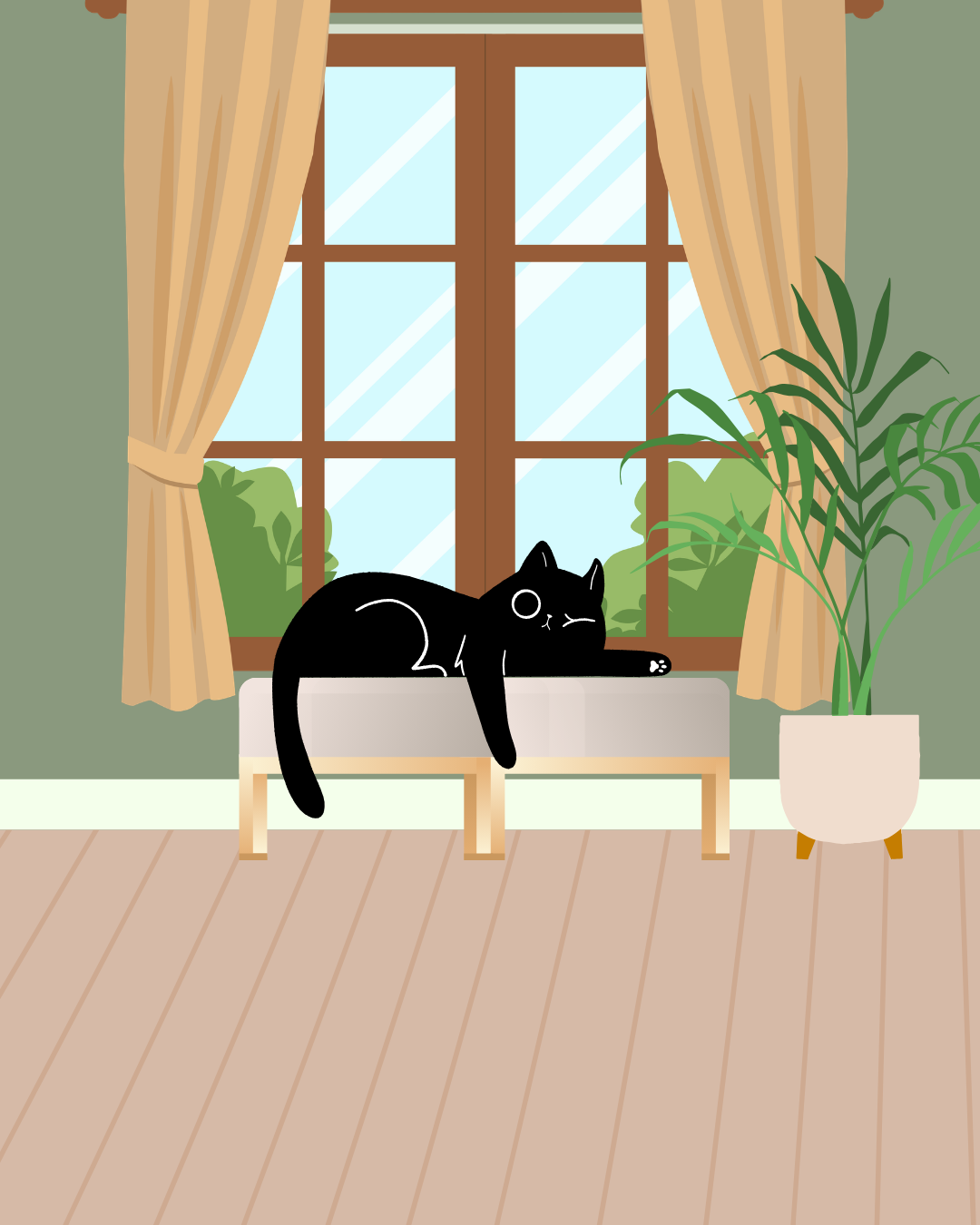 A cartoon black cat lying on a window seat in front of a window with beige curtains, a plant in a white pot to the side, and green trees outside.