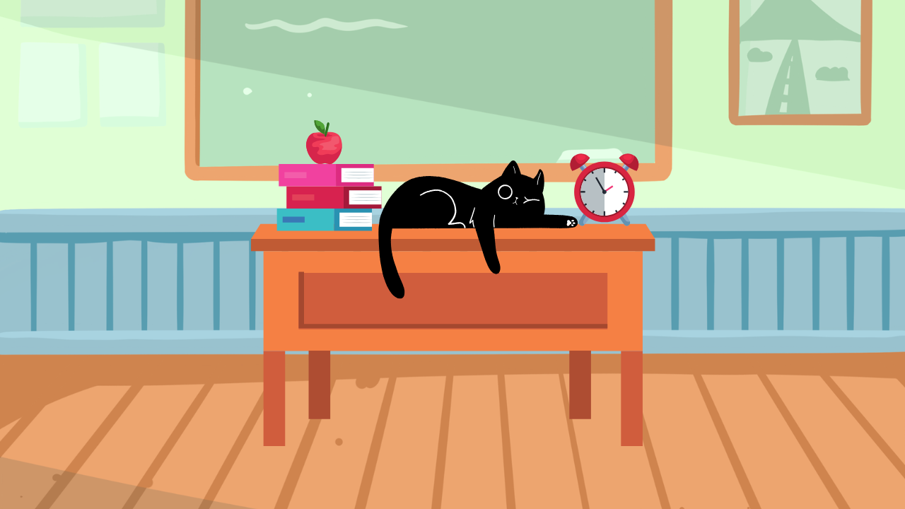 A cartoon black cat lying on a wooden desk in a classroom. There is a stack of books with an apple on top, an alarm clock, and a blackboard in the background with windows and a framed picture of a road.