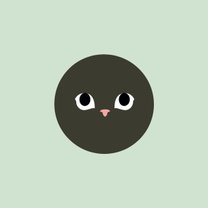 Icon of a black cat's face with big eyes and pink nose on a light green background.