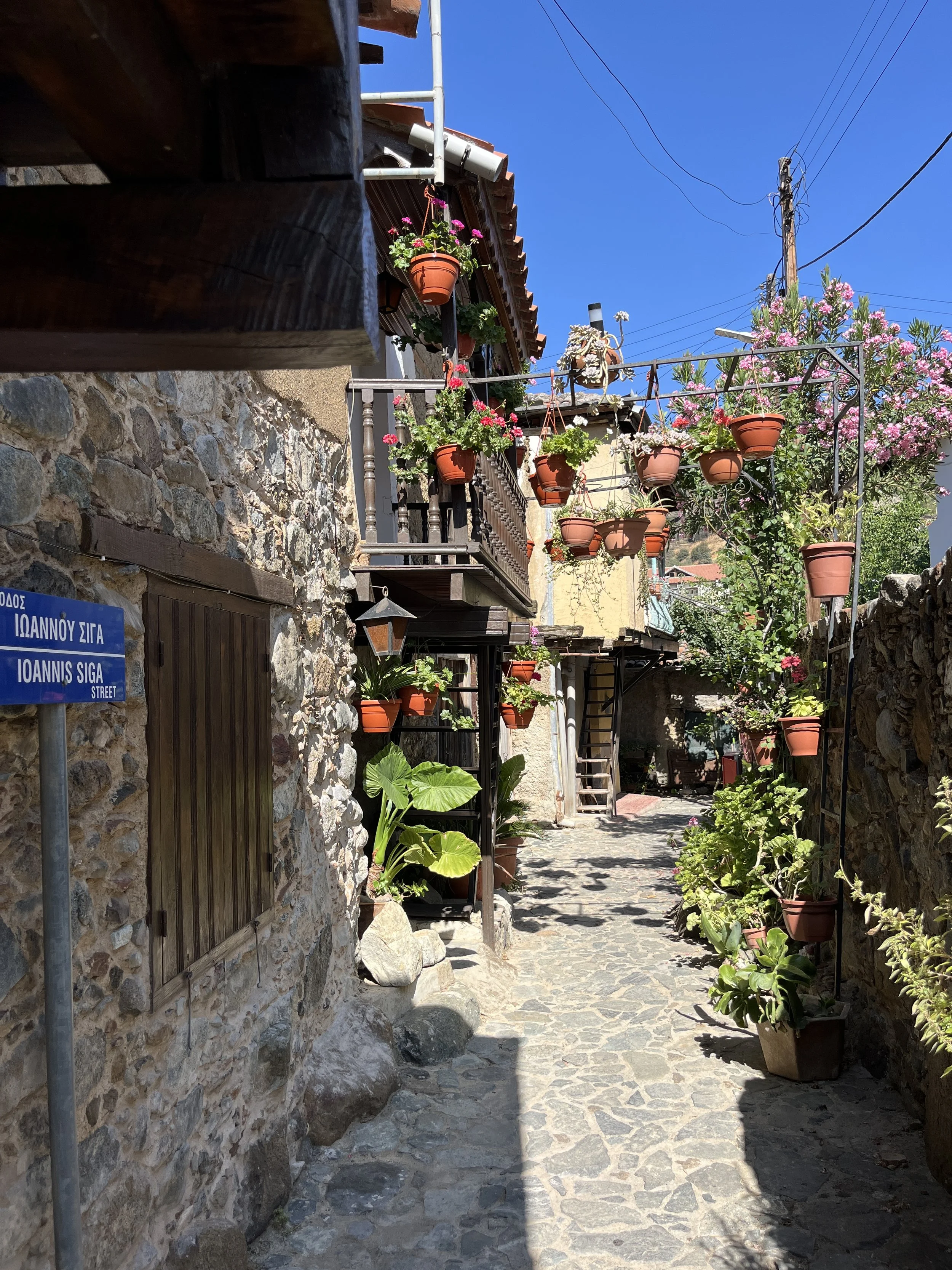 A small, stone, pedestrian walkway in the small village of Kakopatria, Cyprus with plants and pots hanging everywhere.