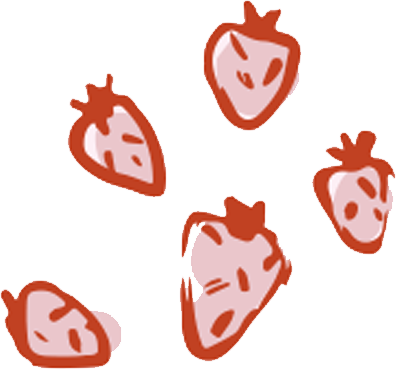 Stylized illustration of five strawberries with faces, animated and playful.