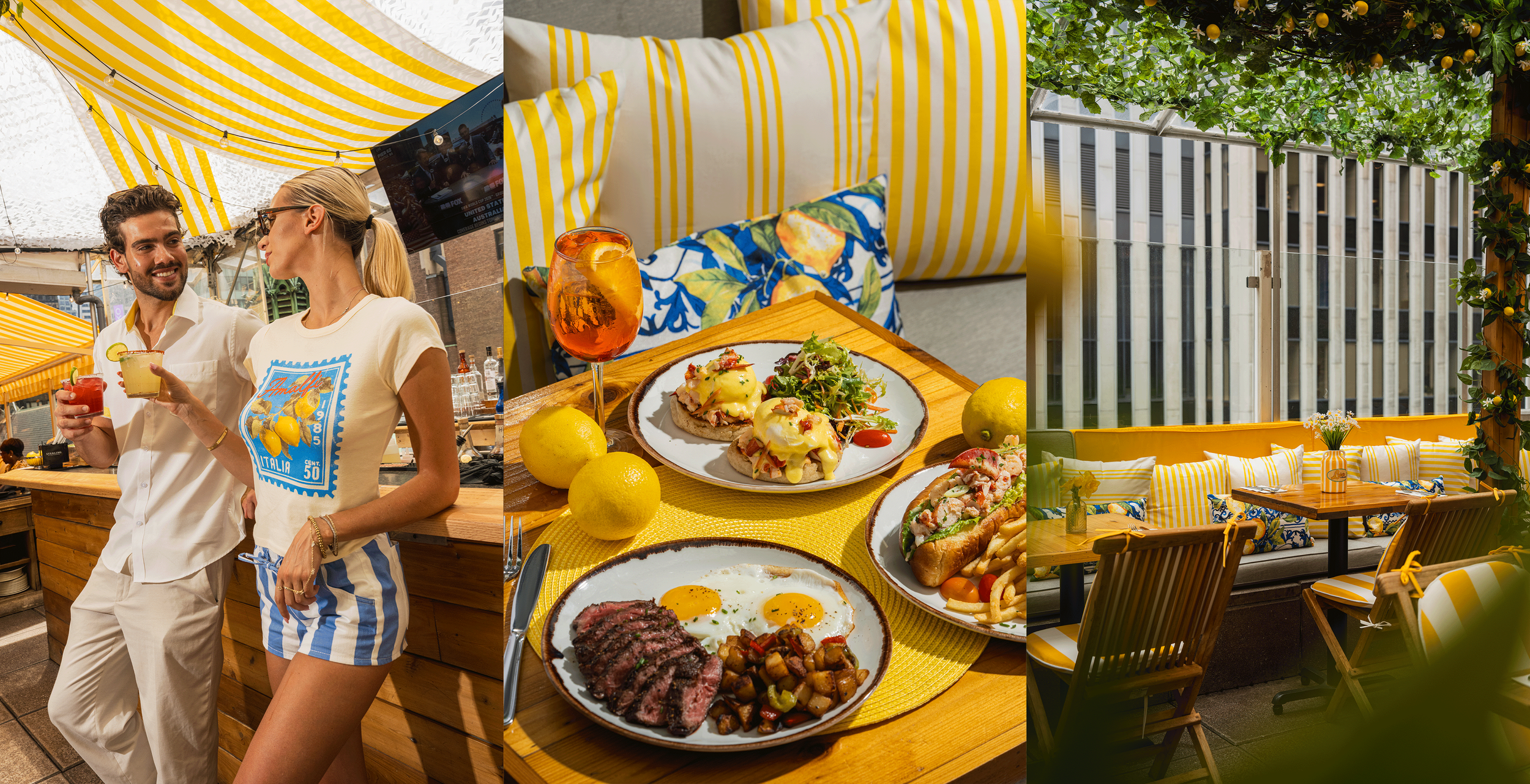 Three vertical photos of an outdoor summer gathering. The first shows a man and woman smiling and holding drinks under a yellow and white striped canopy. The second displays a close-up of a wooden table with plates of food including eggs, steak, sandwiches, and lemons. The third features a cozy seating area with a yellow striped canopy, green foliage overhead, and wooden chairs and tables, set in an outdoor patio with buildings in the background.