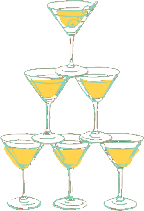 Stacked martini glasses filled with yellow-colored drinks, arranged in a pyramid.