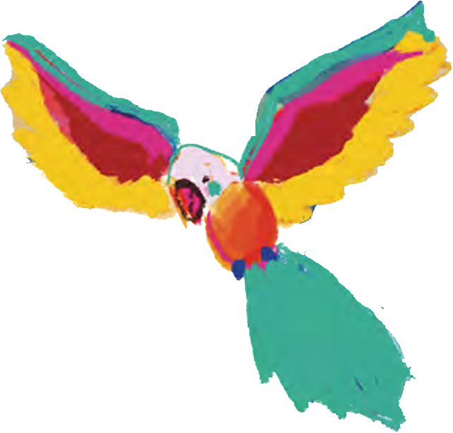 Colorful abstract bird with large wings in yellow, pink, green, and orange, facing forward with a small face and beak.