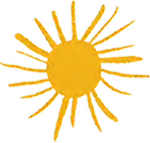 A yellow-orange sun with a circular center and radiating rays.