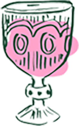 A hand-drawn illustration of a pink heart-shaped object with eyes inside a glass, resembling a cartoon or a doodle.