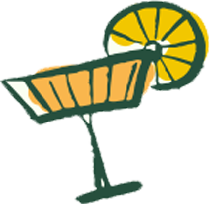 A vintage-style juice stand sign featuring a lemon slice and a glass of juice.