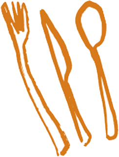 Line drawing of a fork, knife, and spoon.