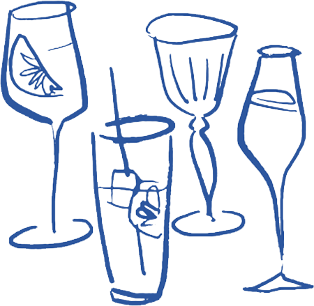 Line drawing of five different glasses, including a cocktail glass with a lemon slice, a tall glass with a straw and ice cubes, a wine glass, a flute glass, and a water glass.