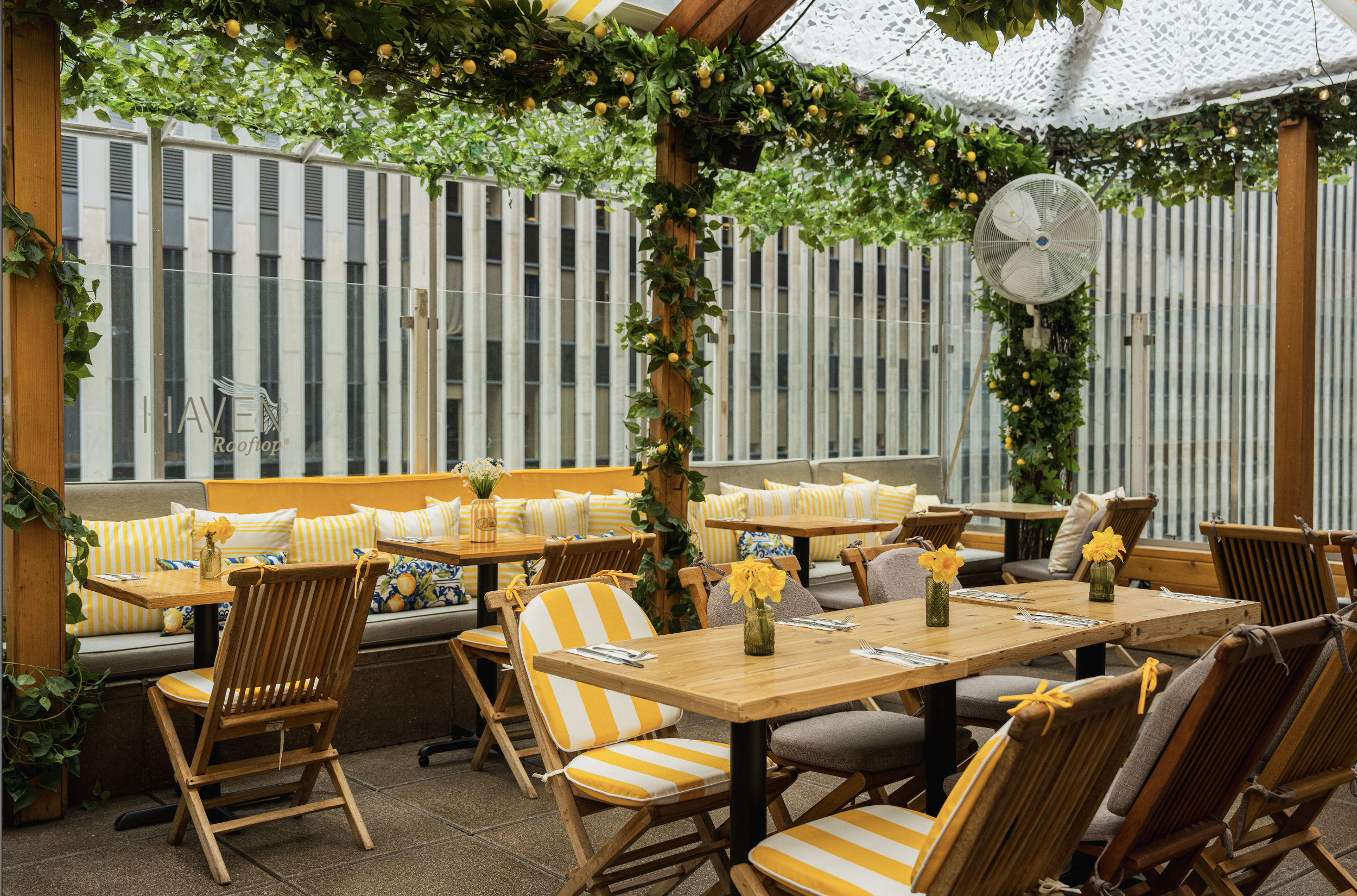 Outdoor rooftop dining area with wooden tables and chairs, decorated with yellow and white striped cushions and small vases with yellow flowers, surrounded by green vines and string lights.