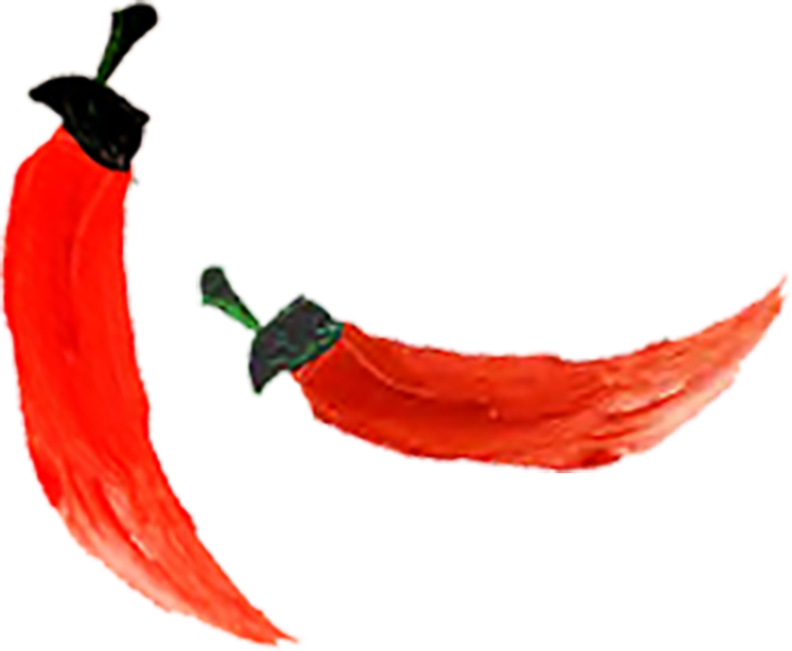 Close-up of two red chili peppers with black stems and green tips.