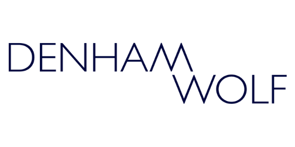 DENHAM WOLF wordmark logo written in blue with a stylized design where the M in 'DENHAM' meets the W in 'WOLF'
