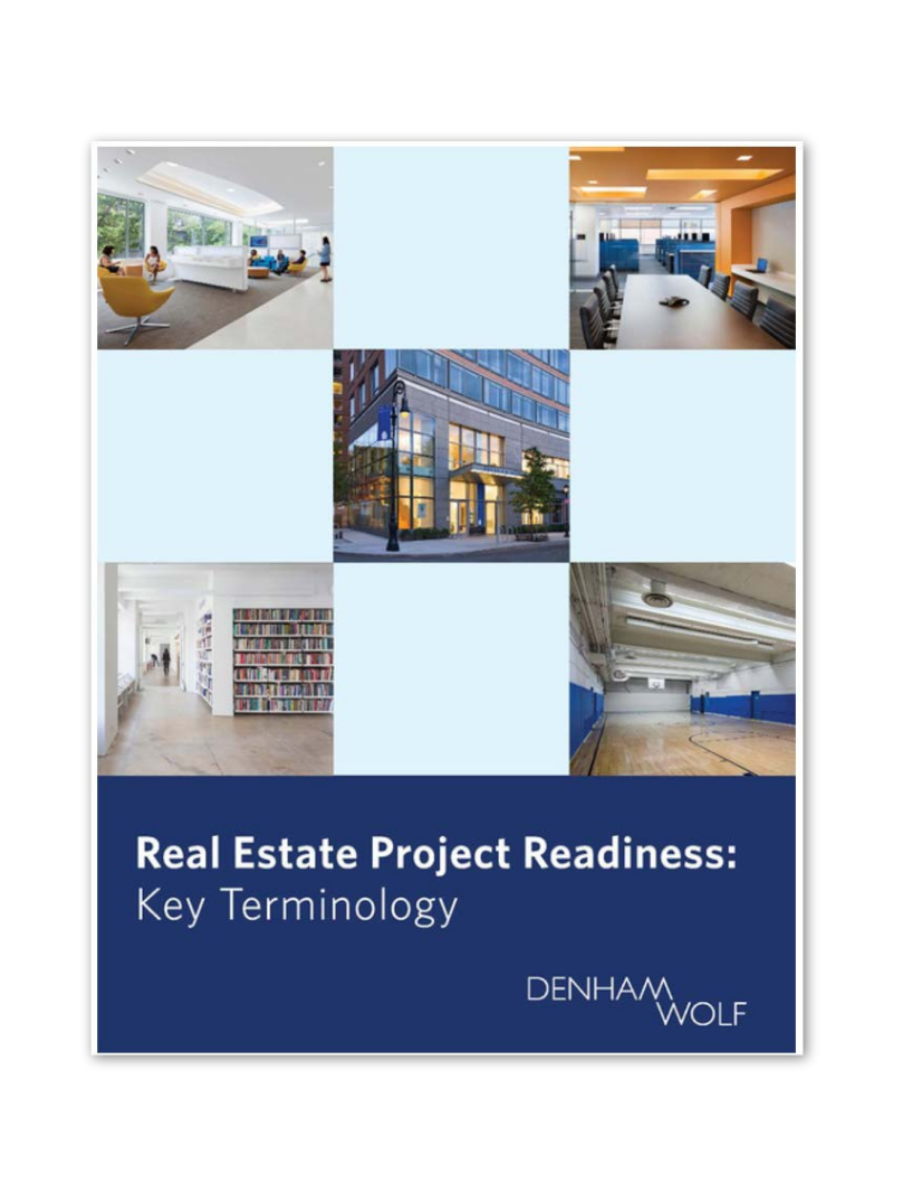 Cover of a book titled "Real Estate Project Readiness: Key Terminology" by Denham Wolf. The cover features images of various buildings and interior spaces, including a modern lobby, office meeting room, library, and gymnasium.
