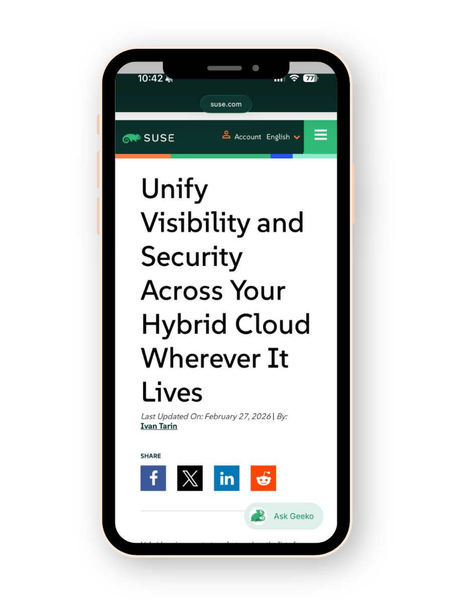 Smartphone displaying a webpage titled 'Unify Visibility and Security Across Your Hybrid Cloud Wherever It Lives' with sharing options and a chatbot button at the bottom.