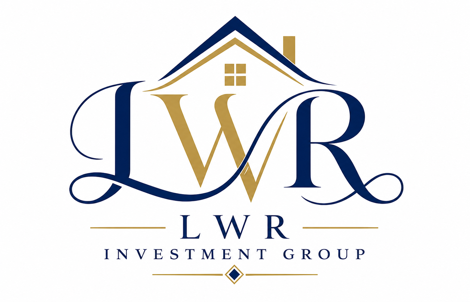 Logo for LWR Investment Group featuring a house outline and stylized initials L, W, R in navy blue and gold, with decorative lines and a diamond shape.