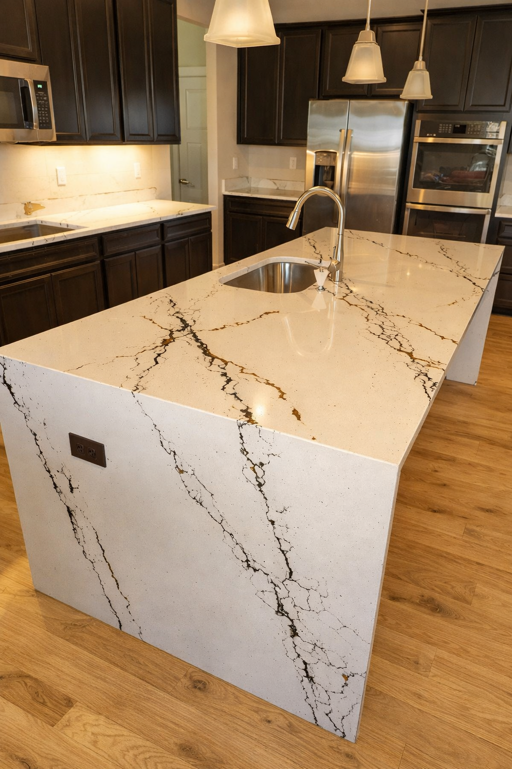 Modern kitchen with white marble countertop on island with black and gold veining, dark wood cabinets, stainless steel appliances, and pendant lighting.