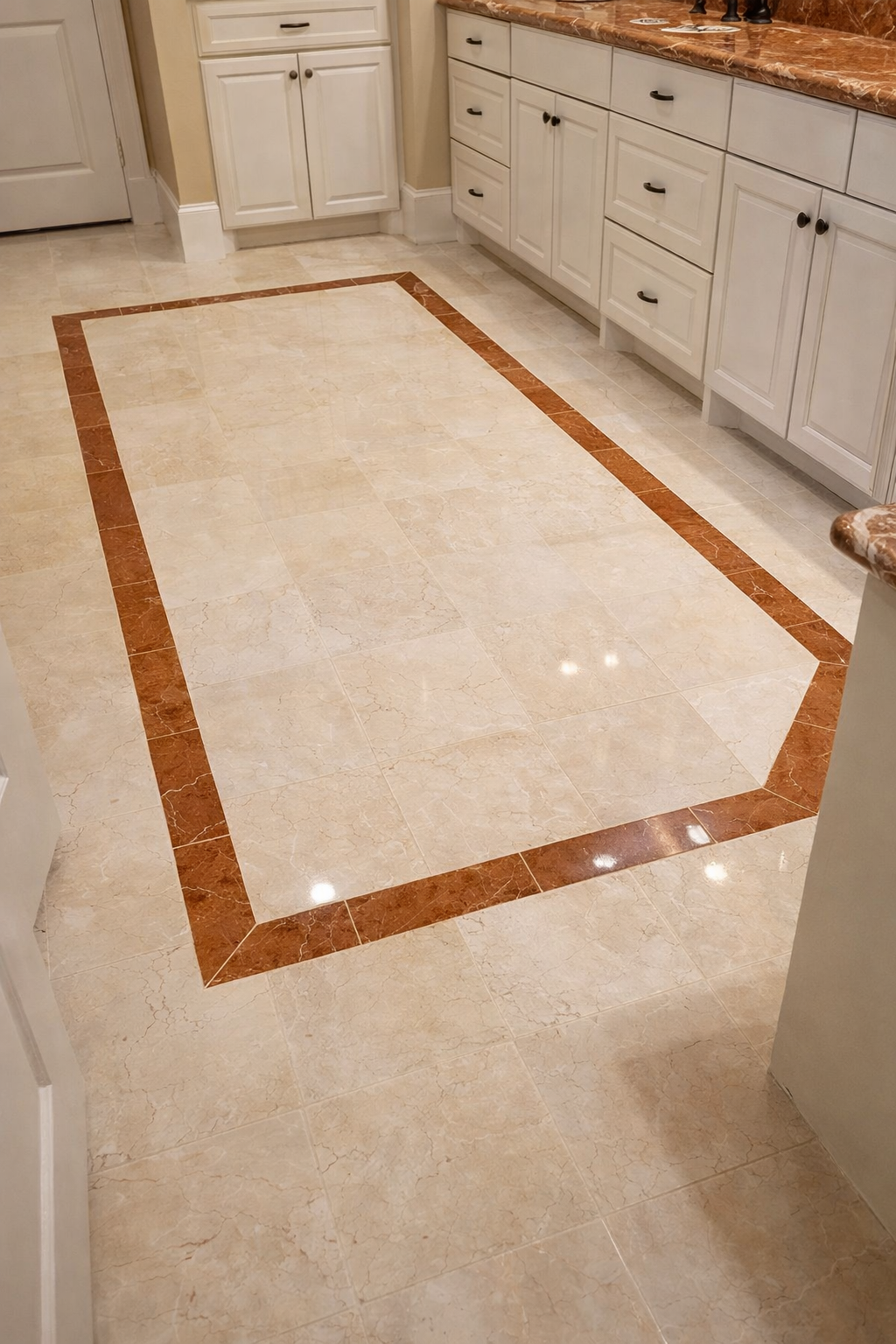 Kitchen floor with beige and brown marble tiles, featuring a rectangular brown marble border.