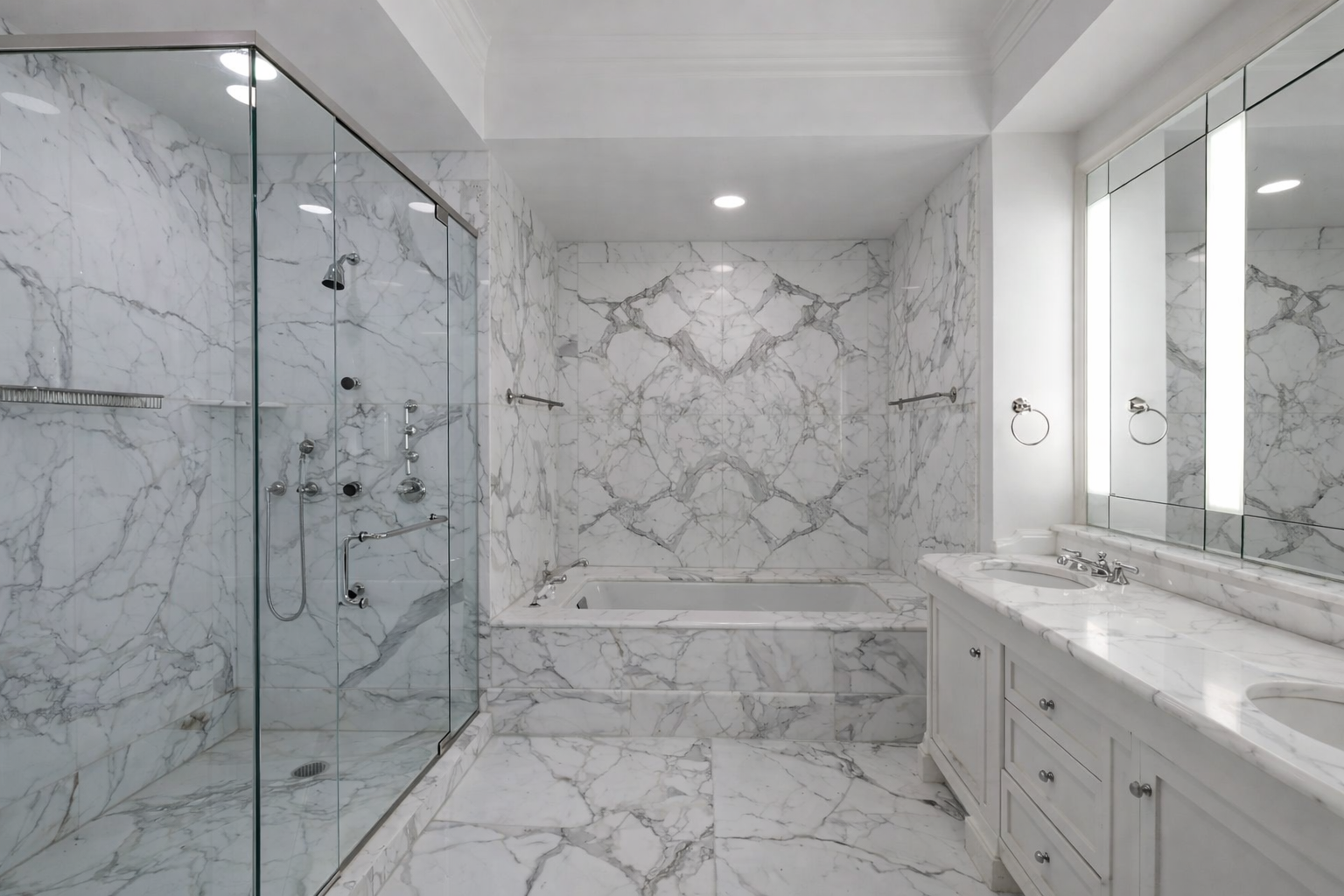 Luxurious bathroom with white marble walls and floors, a glass-enclosed shower, a built-in bathtub, and a double vanity with large mirrors.
