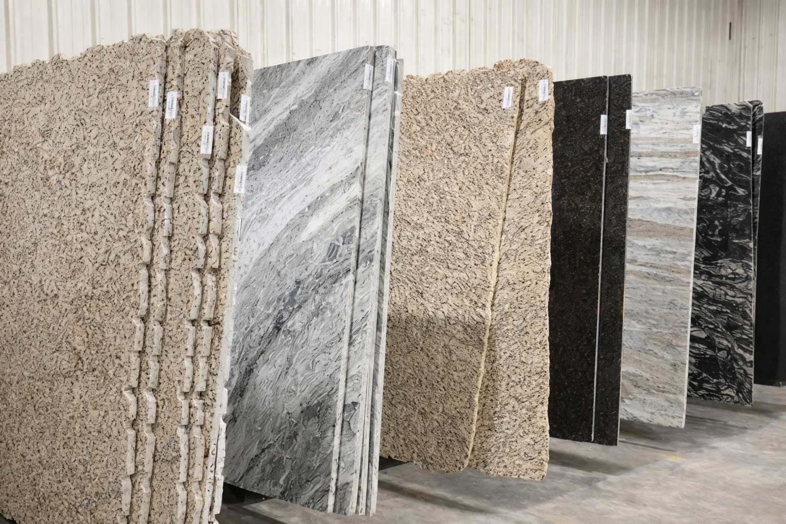 Multiple large stone slabs with different textures and colors standing upright in a warehouse or showroom.