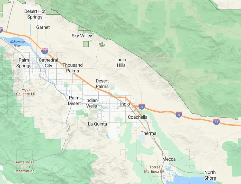 Map of the Coachella Valley and nearby regions, including cities like Palm Springs, Palm Desert, Indio, and La Quinta, with major roads and natural features such as the Santa Rosa Indian Reservation and surrounding mountains.