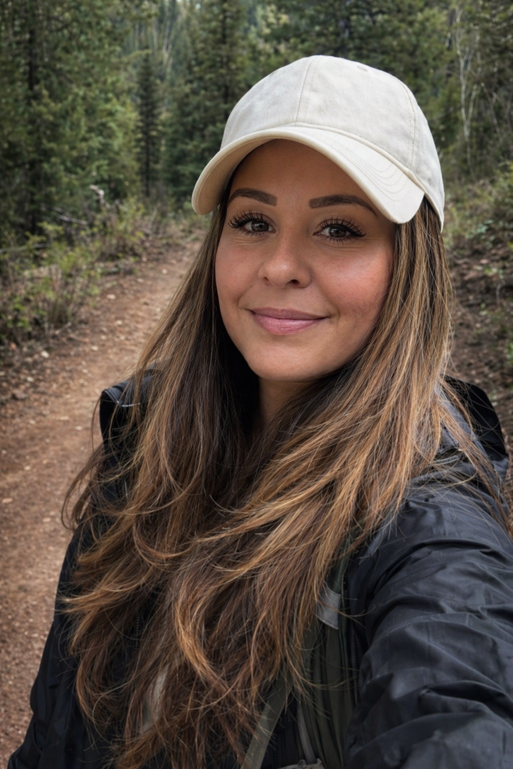 A young woman with long brown hair and makeup, smiling, wearing a beige cap and black outdoor jacket, taking a selfie on a forest trail surrounded by green trees.