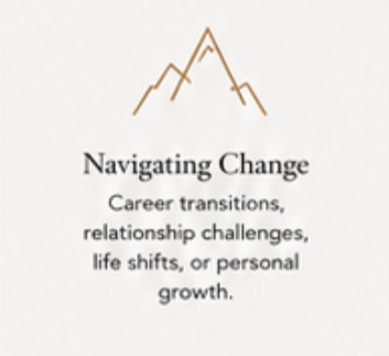 An illustration of a mountain range above the words "Navigating Change," with additional text about career transitions, relationship challenges, life shifts, or personal growth.