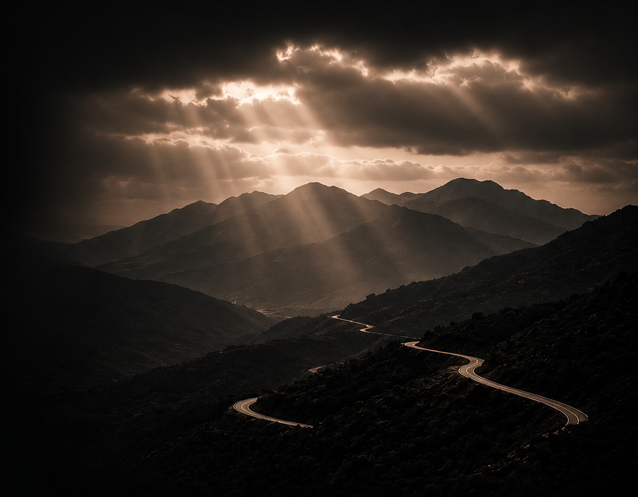 A winding mountain road with a backdrop of dark clouds and sunlight breaking through over a mountain range.