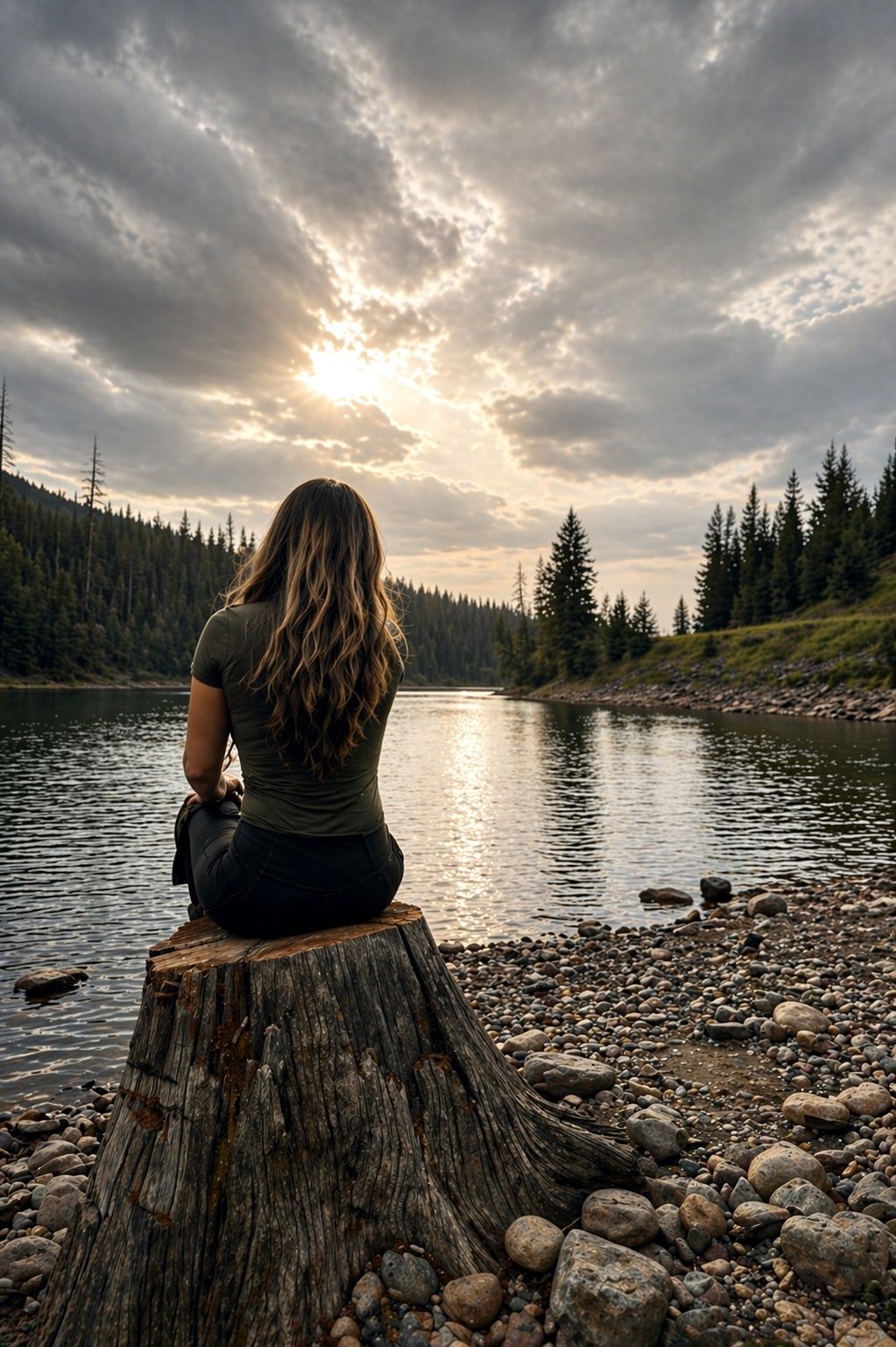 A woman sitting on a tree stump by a river, surrounded by rocks, with a forest and cloudy sky during sunset in the background.