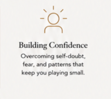 A motivational card titled 'Building Confidence' with a simple line drawing of a person and a quote about overcoming self-doubt and fear.