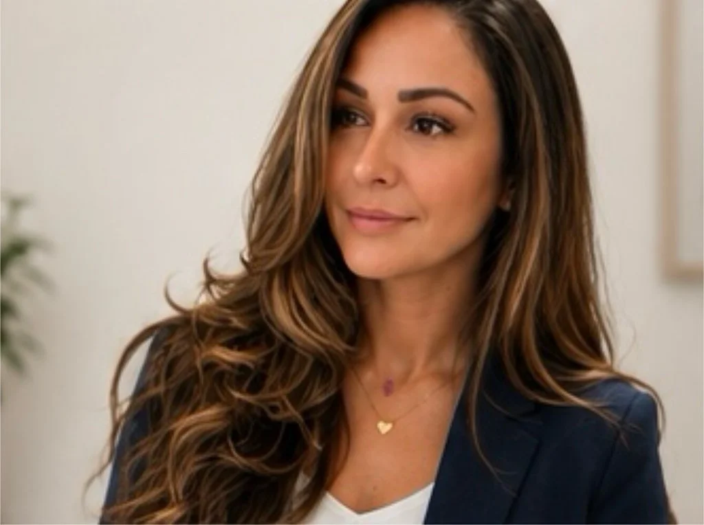 A woman with long, wavy brown hair, wearing a navy blazer and a heart-shaped necklace, smiling softly.