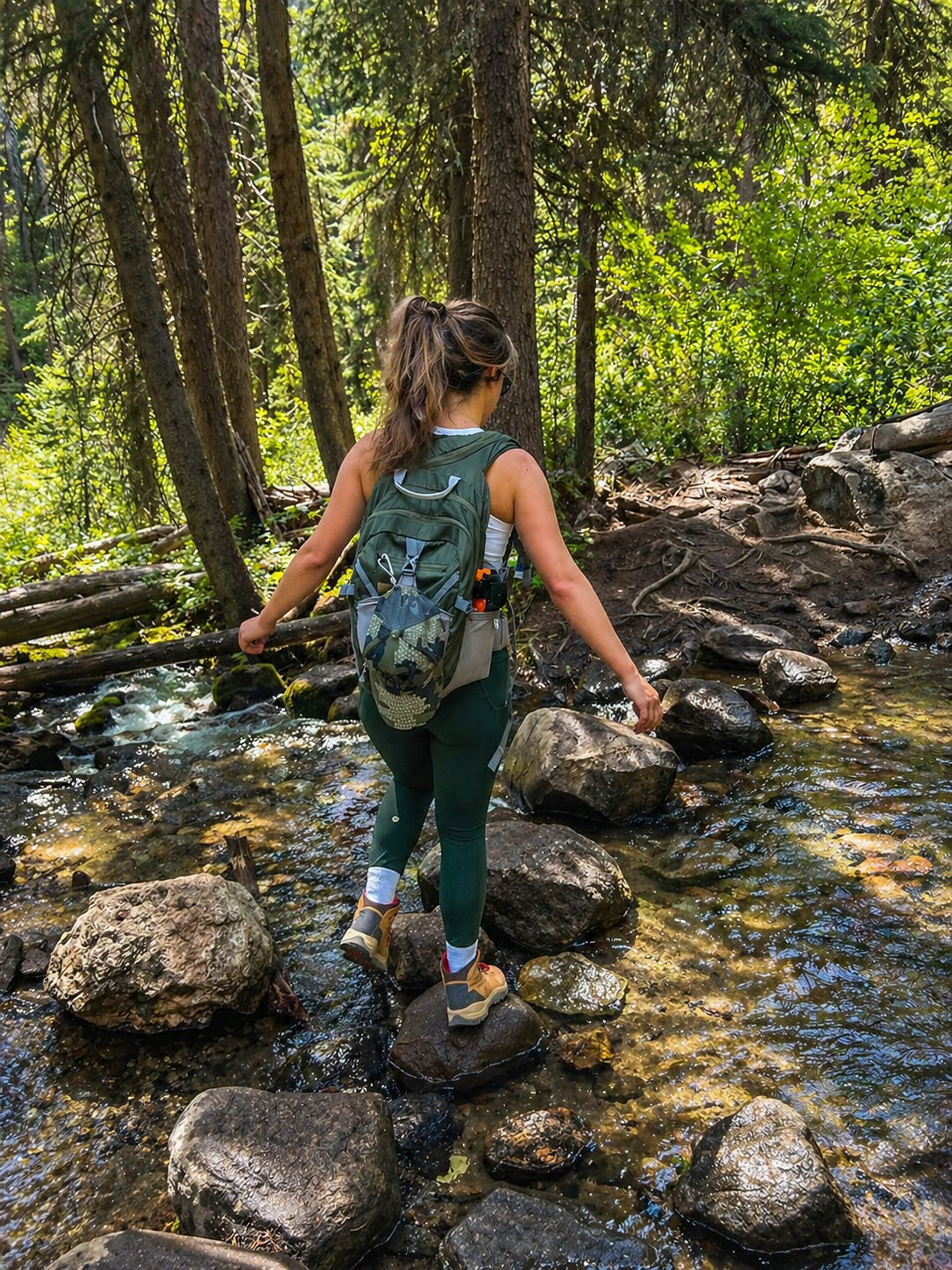 A woman hiking across a creek in a dense forest with trees and sunlight filtering through