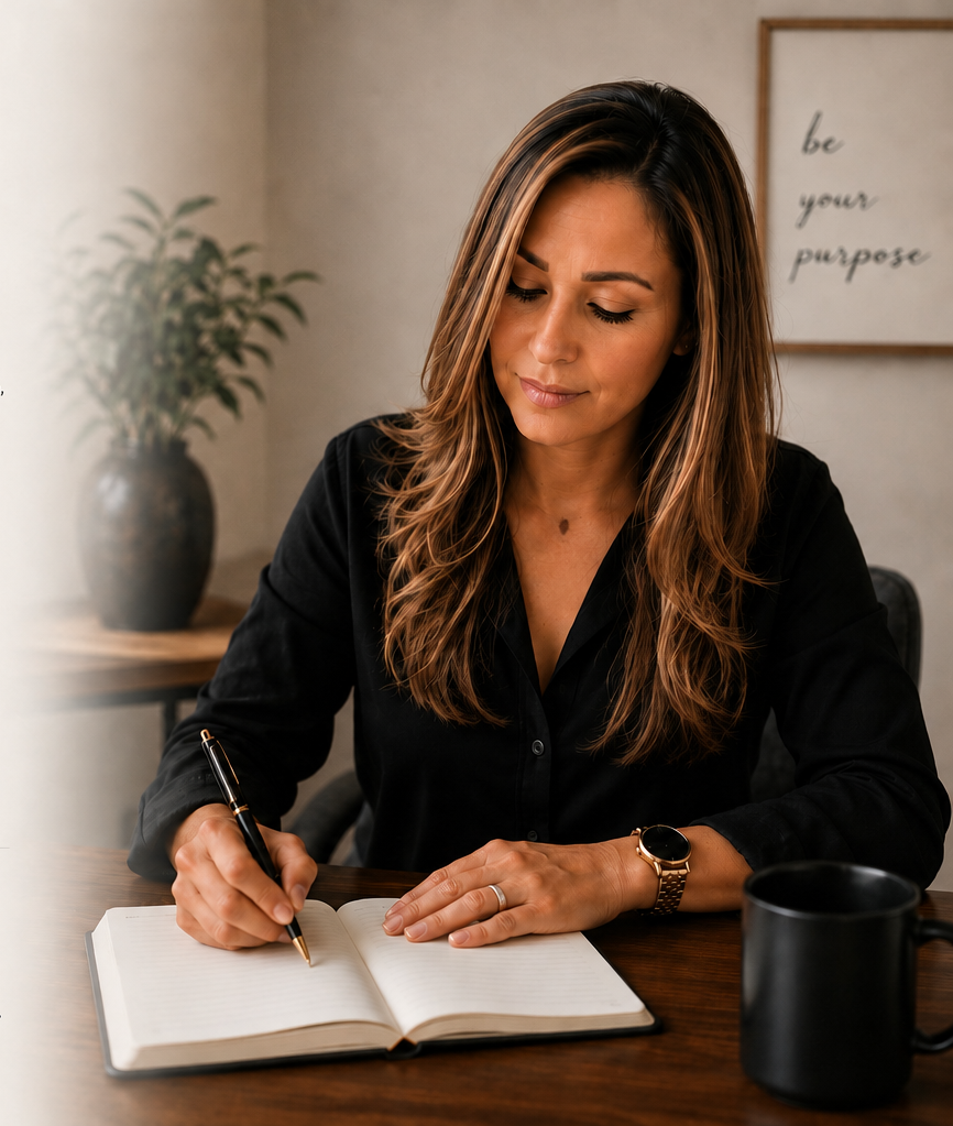 A woman with long brown hair writing in a notebook at a wooden desk, with a black coffee mug nearby, in a cozy office with a plant and a framed quote that says 'be your purpose' on the wall.