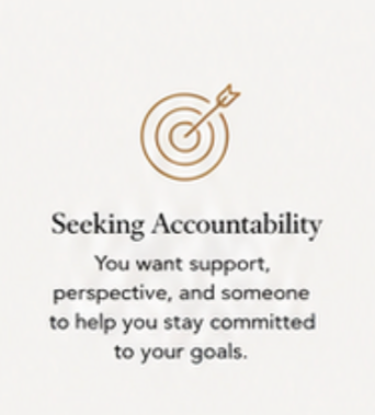 A graphic with a target and arrow icon above the words 'Seeking Accountability'. The text explains that support, perspective, and help are needed to stay committed to goals.