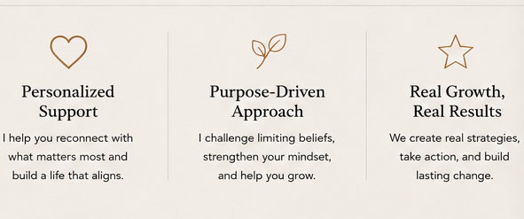 Three sections highlighting the benefits of a service, featuring icons: a heart for Personalized Support, a leaf for Purpose-Driven Approach, and a star for Real Growth, Real Results.